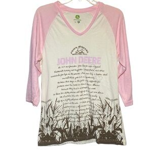 John Deere women's size Large graphic t-shirt pink white lightweight
